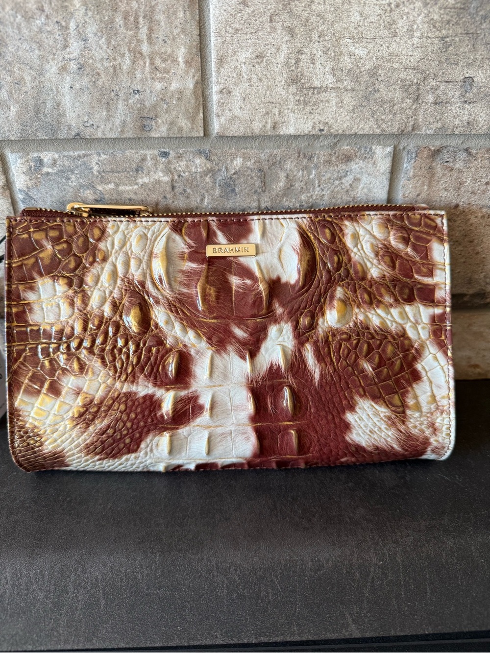 Brahmin Brown and Cream Croc-Embossed Zip Daisy Pouch in Summer Rodeo